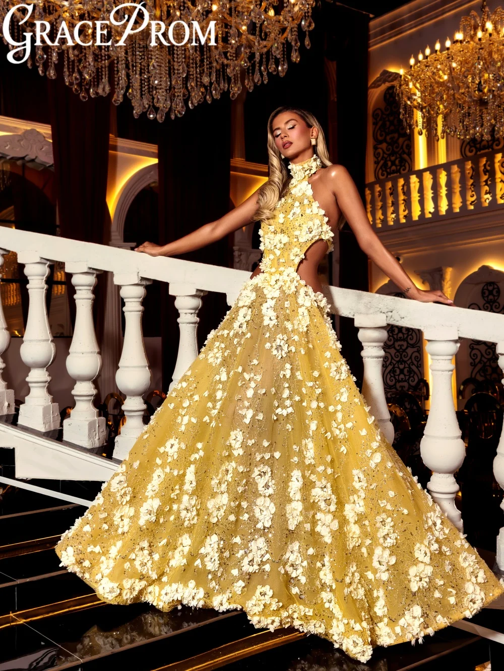 Handmade 3D Floral Beaded Evening Dress Exquisite Yellow Lace Halter Wedding Party Gown Customized A-line Elegant Banquet Gowns
Handmade 3D Floral Beaded Evening Dress Exquisite Yellow Lace Halter Wedding Party Gown Customized A-line Elegant Banquet Gowns