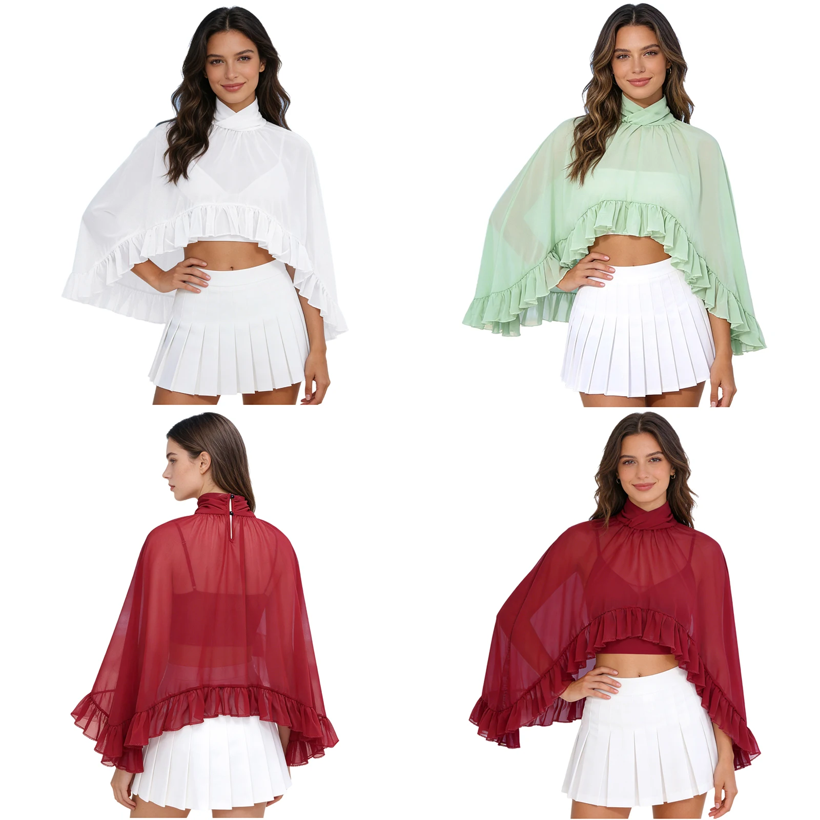 Women Chiffon Shawl Blouse High Collar Ruched High Low Hem Cover Up Dress Accessories Wedding Beach Vacation Wear
Women Chiffon Shawl Blouse High Collar Ruched High Low Hem Cover Up Dress Accessories Wedding Beach Vacation Wear