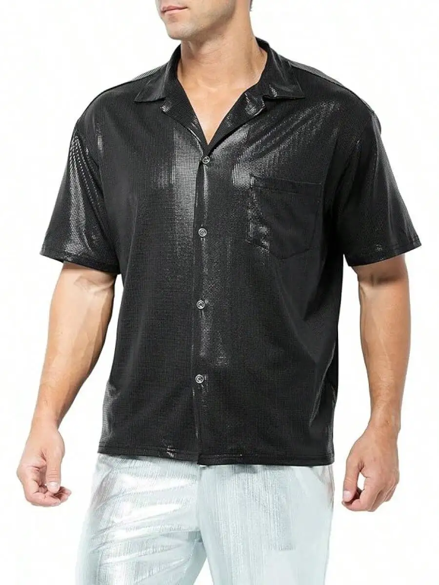 Mens Short Sleeve Collared Metallic Button Down Shirt Reflective Holographic Disco Rave Outfit
Mens Short Sleeve Collared Metallic Button Down Shirt Reflective Holographic Disco Rave Outfit