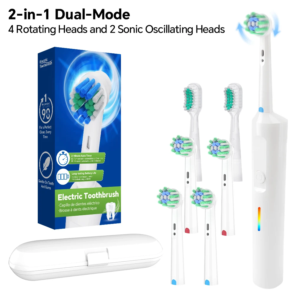 2in1 Dual Modes Rechargeable Electric Toothbrush for Adults, 3-gear Modes & Timer, 4 Rotating Heads & 2 Sonic Oscillating Heads
2in1 Dual Modes Rechargeable Electric Toothbrush for Adults, 3-gear Modes & Timer, 4 Rotating Heads & 2 Sonic Oscillating Heads