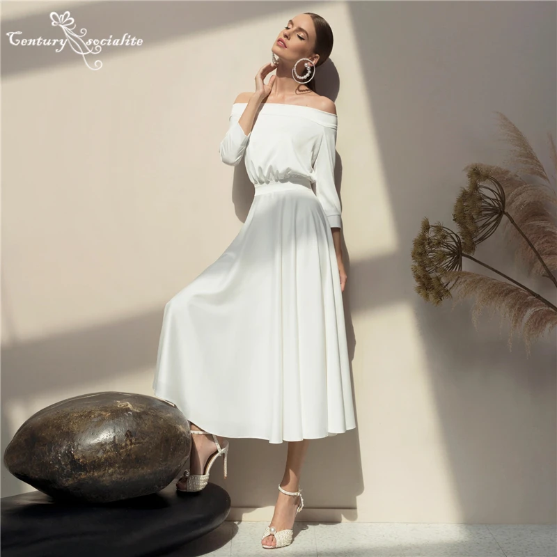 Off the Shoulder Wedding Dresses for Women 2022 Long Sleeve Tea-Length A-Line Crepe Bride Dress Bridal Gowns Vestido De Noiva
Off the Shoulder Wedding Dresses for Women 2022 Long Sleeve Tea-Length A-Line Crepe Bride Dress Bridal Gowns Vestido De Noiva