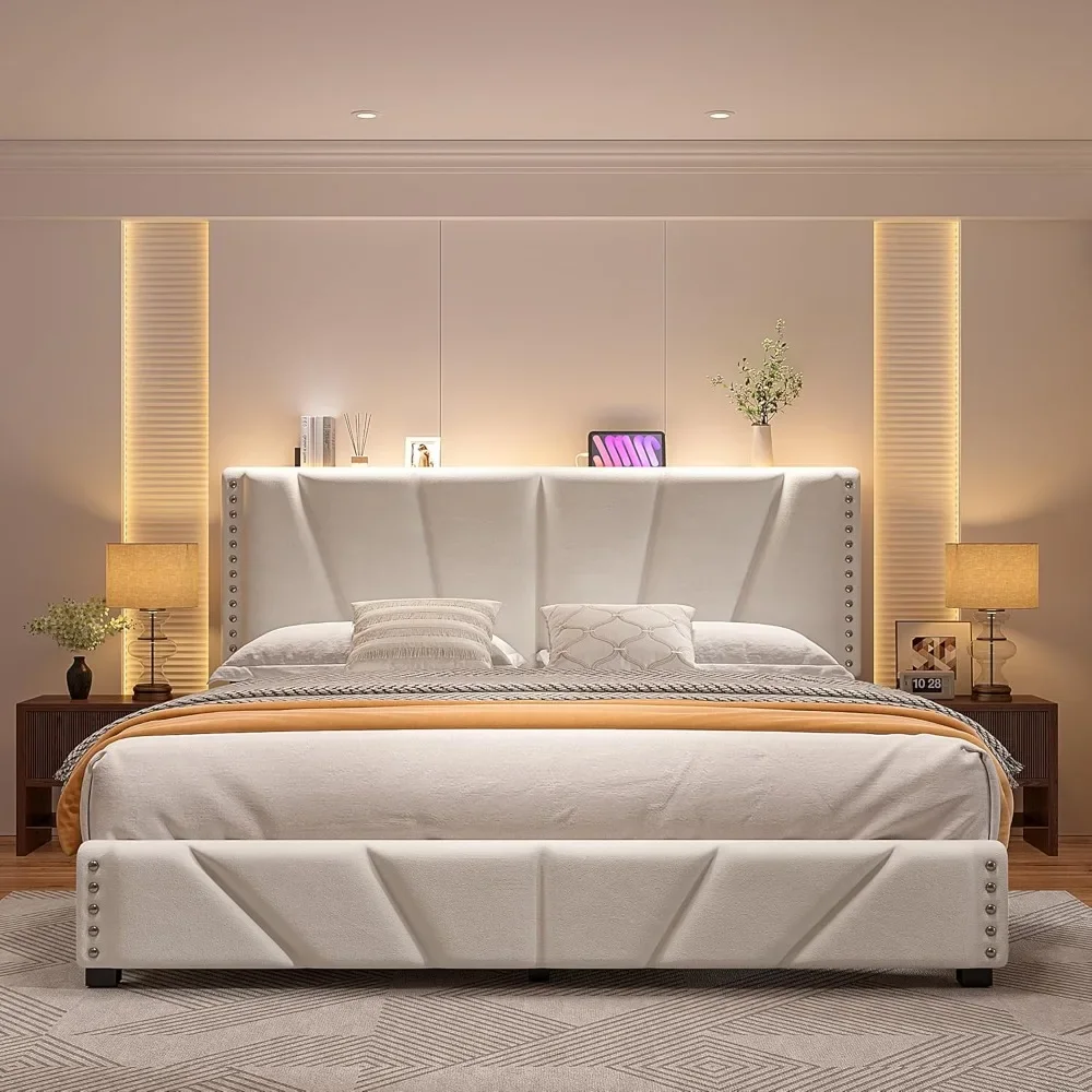 King Size Bed Frame, Storage Headboard Platform Bed with Charging Station and LED Lights, Sturdy Wooden Slats Support
King Size Bed Frame, Storage Headboard Platform Bed with Charging Station and LED Lights, Sturdy Wooden Slats Support