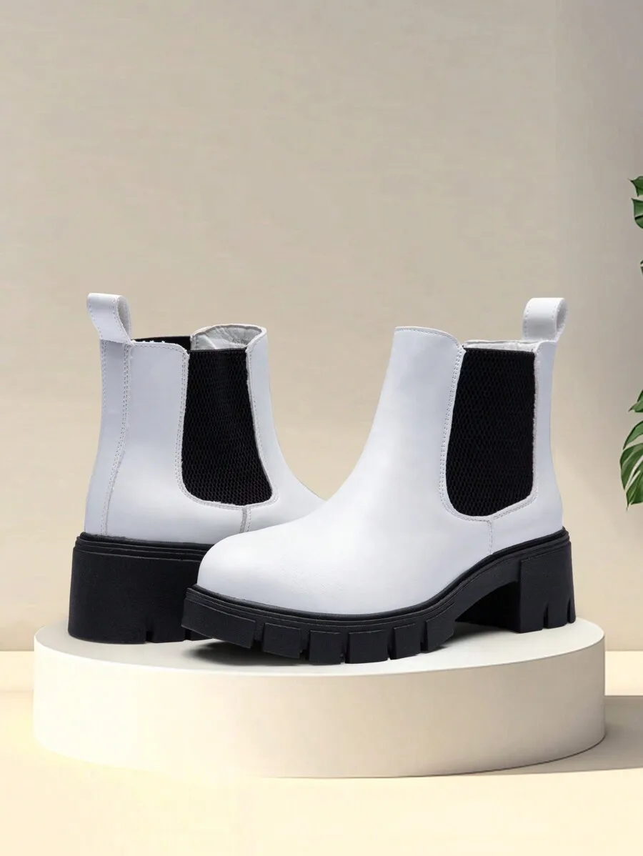 Womens White Chelsea Boots With Black Mesh Side Panel And Chunky Sole
Womens White Chelsea Boots With Black Mesh Side Panel And Chunky Sole