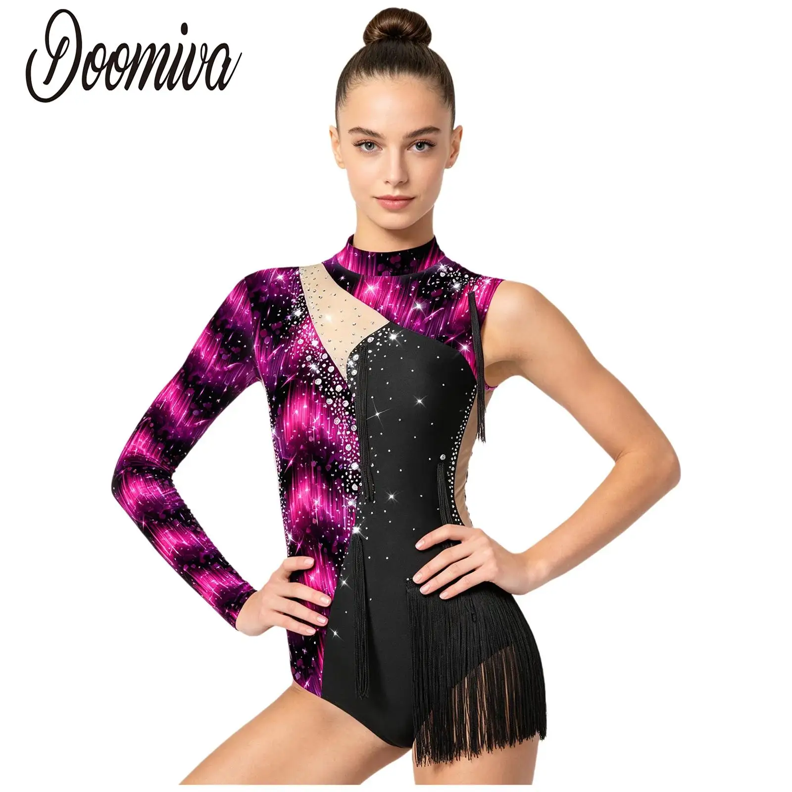 Women Printed Gymnastics Leotard Figure Skating Dance Dress Single Long Sleeve Rhinestones Tassel Bodysuit Competition Dancewear
Women Printed Gymnastics Leotard Figure Skating Dance Dress Single Long Sleeve Rhinestones Tassel Bodysuit Competition Dancewear