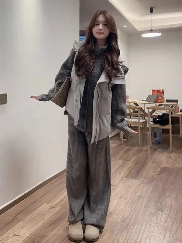 Gray Knitted Sweater Cardigan High Waist Wide Leg Pants Three Piece Set Korean Style Autumn Winter Casual Comfortable Clothes
Gray Knitted Sweater Cardigan High Waist Wide Leg Pants Three Piece Set Korean Style Autumn Winter Casual Comfortable Clothes