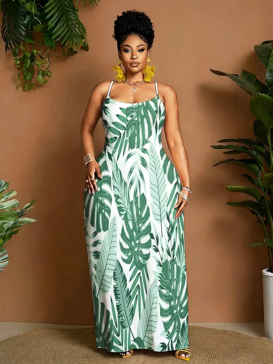 Tropical Leaf Print Maxi Dress Women Plus Size Spaghetti Strap Long Casual Summer Beach Boho Dress
Tropical Leaf Print Maxi Dress Women Plus Size Spaghetti Strap Long Casual Summer Beach Boho Dress