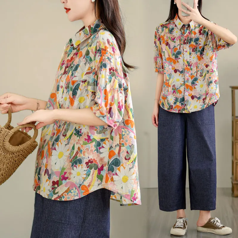 Retro Harajuku Style Short Sleeve Printed Shirt Women Summer Design plus Size Conceal Belly Slimming Cotton Blend Neck
Retro Harajuku Style Short Sleeve Printed Shirt Women Summer Design plus Size Conceal Belly Slimming Cotton Blend Neck