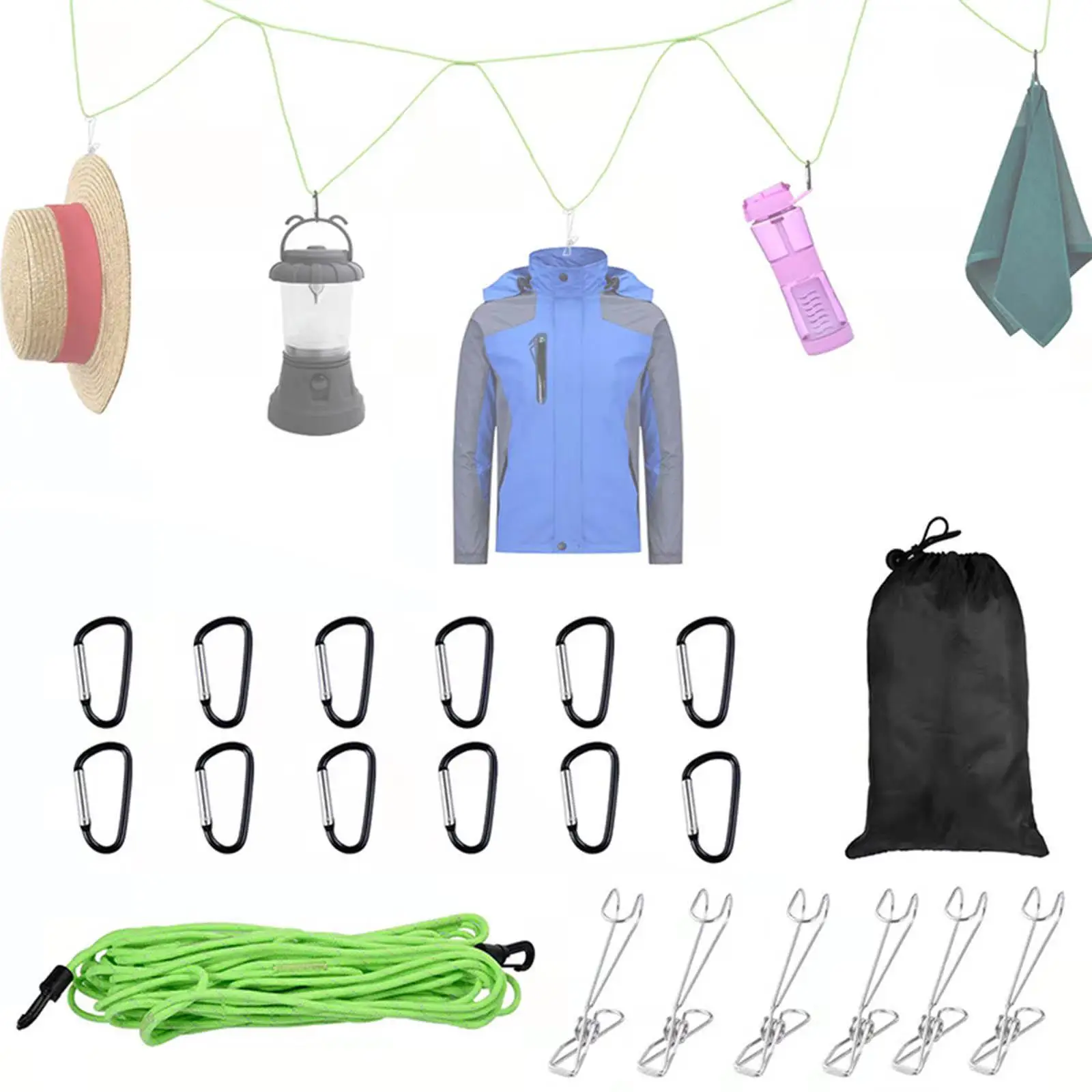 Luminous Outdoor Hanging Rope Includes Carabiner Hooks and Clothes Pins Tent
Luminous Outdoor Hanging Rope Includes Carabiner Hooks and Clothes Pins Tent