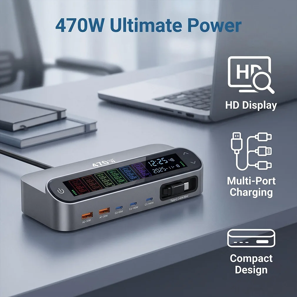 Hot Multi Port 470W GAN Fast Charger with LCD Display Screen 140W Type C Desktop Charging With Cable Dropshipping Wholesale
Hot Multi Port 470W GAN Fast Charger with LCD Display Screen 140W Type C Desktop Charging With Cable Dropshipping Wholesale
