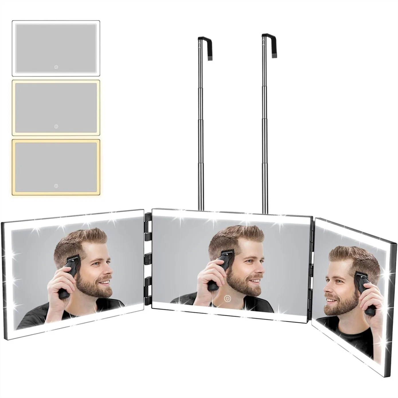 Rechargeable 3 Way Mirror For Self Hair Cutting With 8 LED Light Strips And Telescoping Hooks Trifold Barber Mirror
Rechargeable 3 Way Mirror For Self Hair Cutting With 8 LED Light Strips And Telescoping Hooks Trifold Barber Mirror