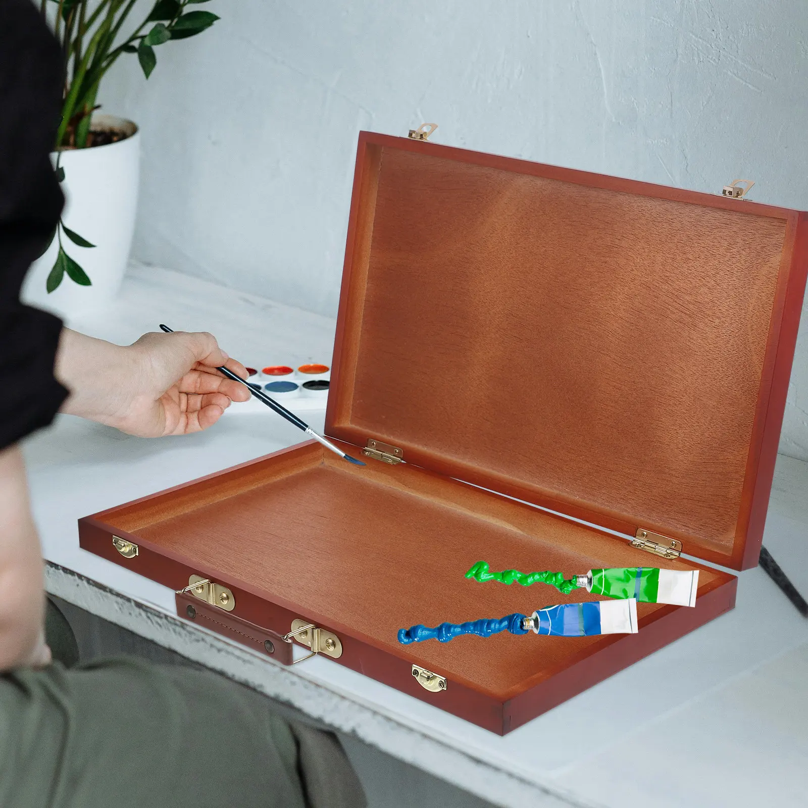 Wooden Pigment Storage Box Hand-Held Drawing Box Compact Size Multi-Purpose Painting Tool Case Portable Storage for Paints Pens
Wooden Pigment Storage Box Hand-Held Drawing Box Compact Size Multi-Purpose Painting Tool Case Portable Storage for Paints Pens