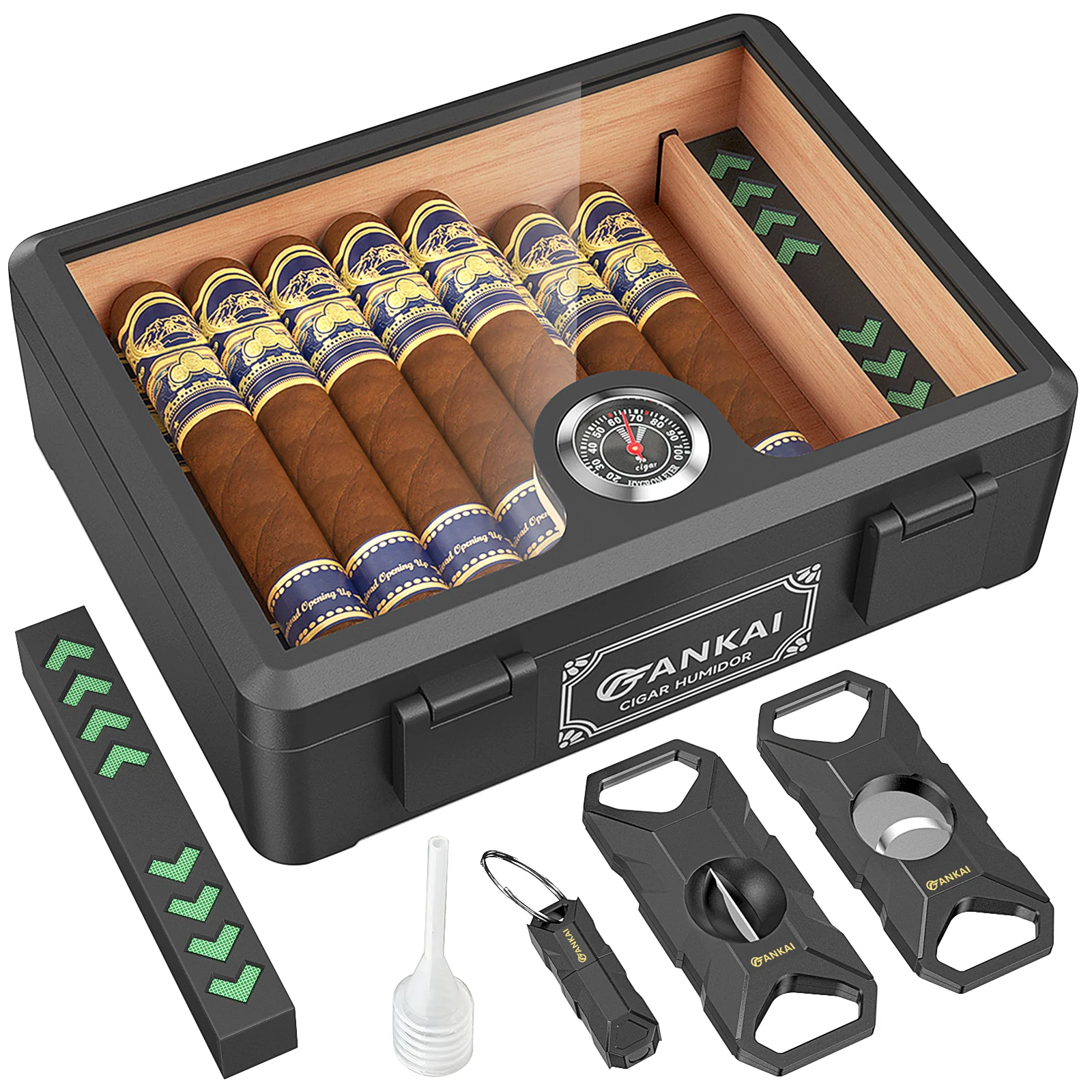 Cigar Humidor,Full Glass Top Cigar Box with Humidifier and Hygrometer,Crushproof Case,Cedar Wood Lining Storage for 20-25 Cigars
Cigar Humidor,Full Glass Top Cigar Box with Humidifier and Hygrometer,Crushproof Case,Cedar Wood Lining Storage for 20-25 Cigars