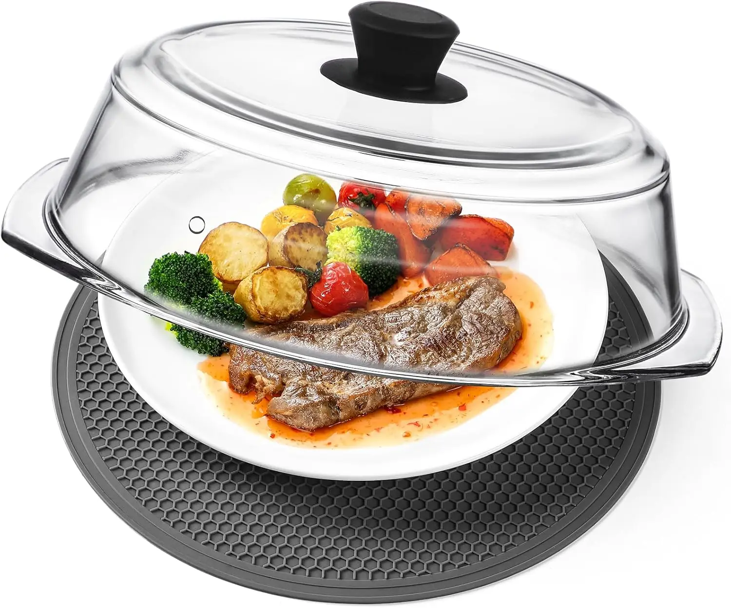 2 in 1 Glass Microwave Splatter Cover & Silicone Mat Set, 10in Plate Guard with Handle, for Reheating Food Without Mess
2 in 1 Glass Microwave Splatter Cover & Silicone Mat Set, 10in Plate Guard with Handle, for Reheating Food Without Mess