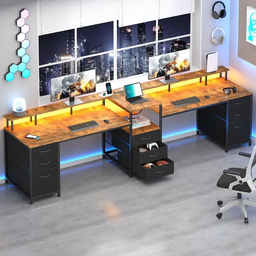 Игровой стол в деревенском стиле коричневого цвета на двоих игроков с 9 ящиками, светодиодной подсветкой, розеткой, местом для хранения и подставкой для монитора
Игровой стол в деревенском стиле коричневого цвета на двоих игроков с 9 ящиками, светодиодной подсветкой, розеткой, местом для хранения и подставкой для монитора