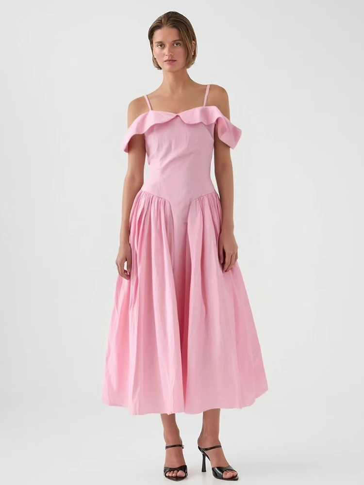 Retro solid color sexy shoulder high waist halter dress 2025 summer women's dress fashion pleated loose hem pommel skirt
Retro solid color sexy shoulder high waist halter dress 2025 summer women's dress fashion pleated loose hem pommel skirt