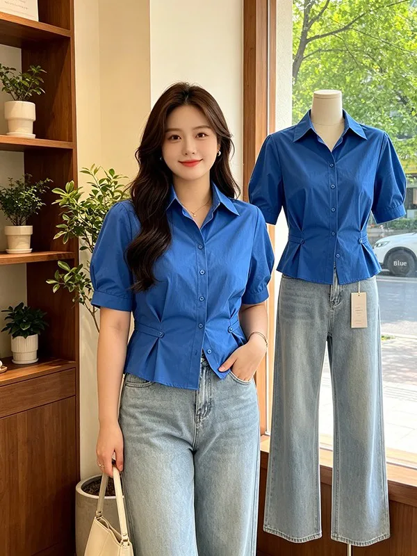 Blue V-Neck Short Sleeve Shirt Women's plus Size Doll Shirt Waist-Cinching Korean Style Commute Fashion Summer New Arrival
Blue V-Neck Short Sleeve Shirt Women's plus Size Doll Shirt Waist-Cinching Korean Style Commute Fashion Summer New Arrival