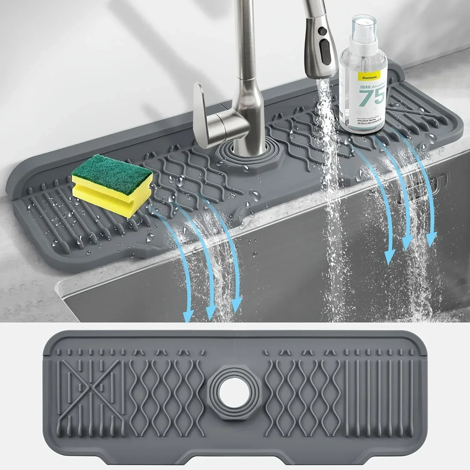 1pc Burfocus Silicone Faucet Mat, 17"x5.9" Kitchen Sink Splash Guard With 5° Slope, Anti-Slip Drip Catcher Tray, Grey Flexible
1pc Burfocus Silicone Faucet Mat, 17"x5.9" Kitchen Sink Splash Guard With 5° Slope, Anti-Slip Drip Catcher Tray, Grey Flexible