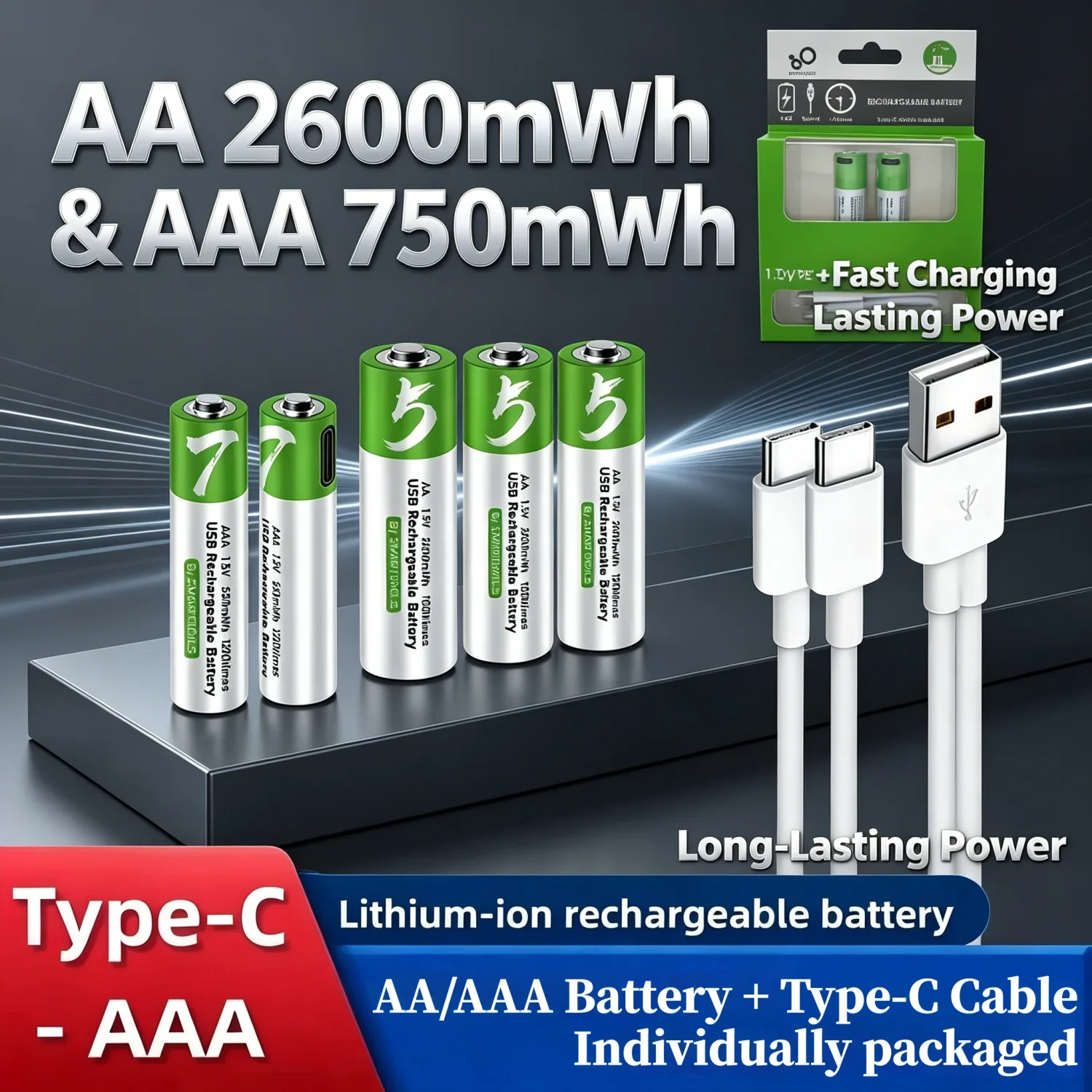 1.5V AA AAA USB Rechargeable Li-ion Batteries AA 2600mWh & AAA 750mWh Type-C Cable Charging for Mouse Clock Shaver Hermometer
1.5V AA AAA USB Rechargeable Li-ion Batteries AA 2600mWh & AAA 750mWh Type-C Cable Charging for Mouse Clock Shaver Hermometer