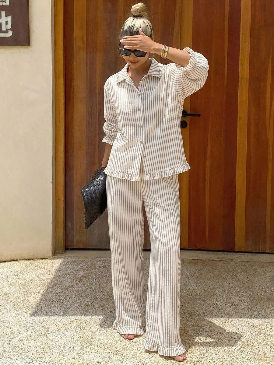 Striped Ruffle Trim Women Pajama Set Sleepwear Comfortable Lounge Wear
Striped Ruffle Trim Women Pajama Set Sleepwear Comfortable Lounge Wear