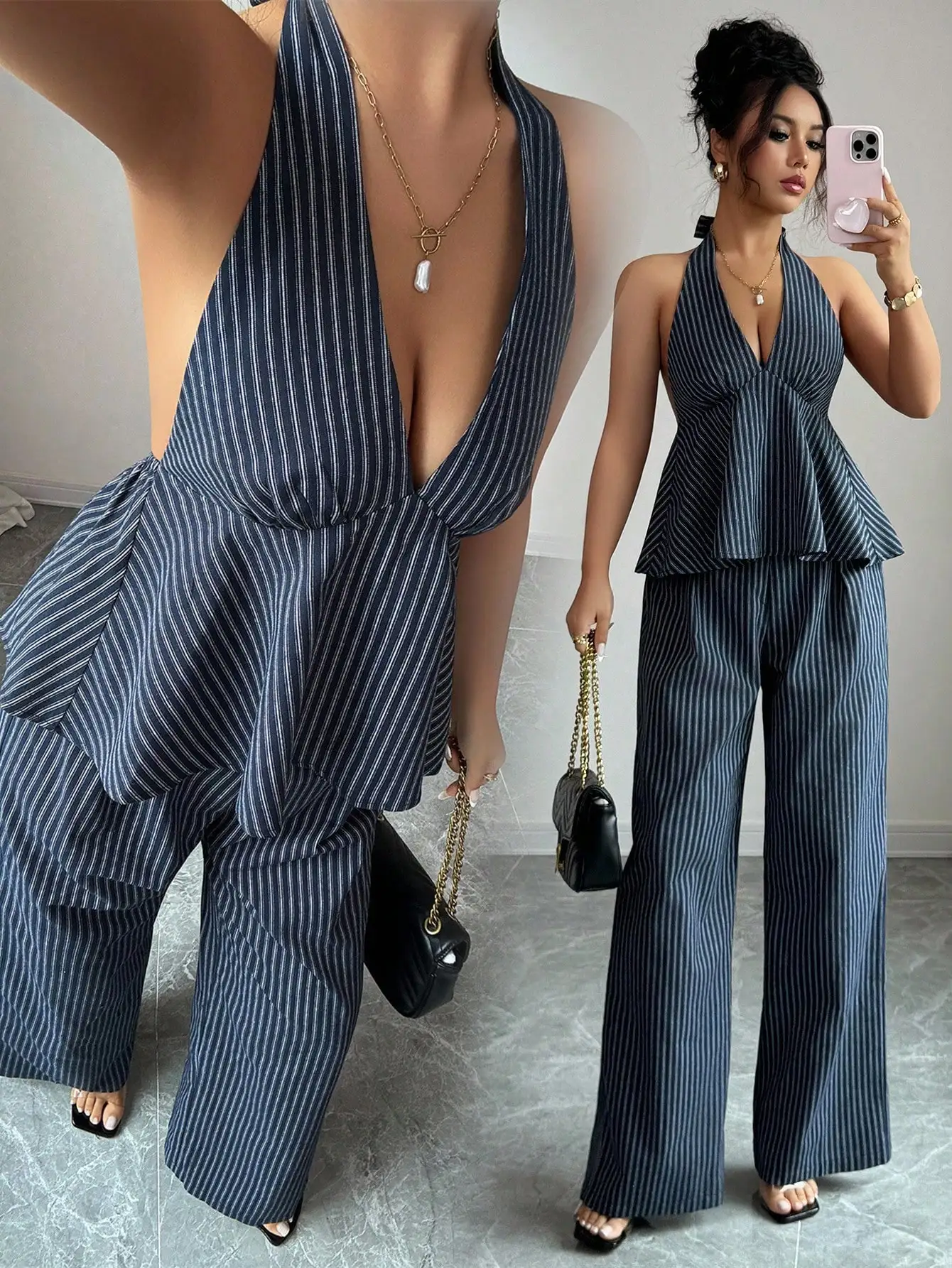 Женский комплект из двух предметов: топ-халтер в полоску и брюки с широкими штанинами, с оборками и пэплам, летний повседневный наряд
Женский комплект из двух предметов: топ-халтер в полоску и брюки с широкими штанинами, с оборками и пэплам, летний повседневный наряд