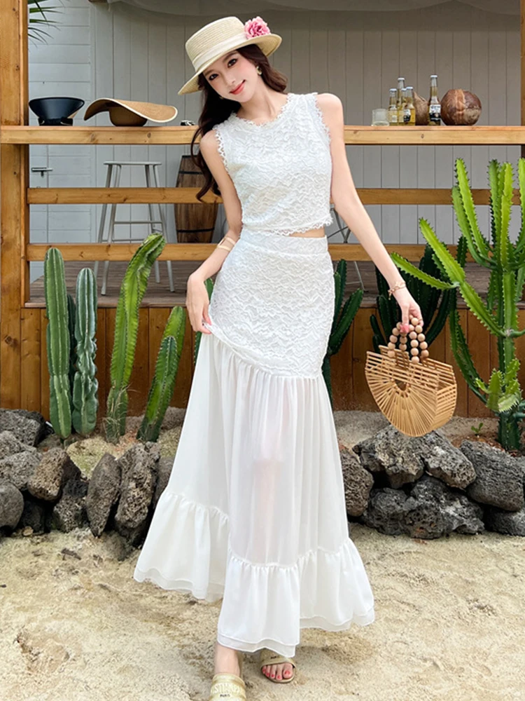 Summer Women 2-Piece White Lace Outfit Sexy O Neck Crop Short Tops Shirt And High Waist Ruffle Maxi Skirt Vacation Slim Set New
Summer Women 2-Piece White Lace Outfit Sexy O Neck Crop Short Tops Shirt And High Waist Ruffle Maxi Skirt Vacation Slim Set New