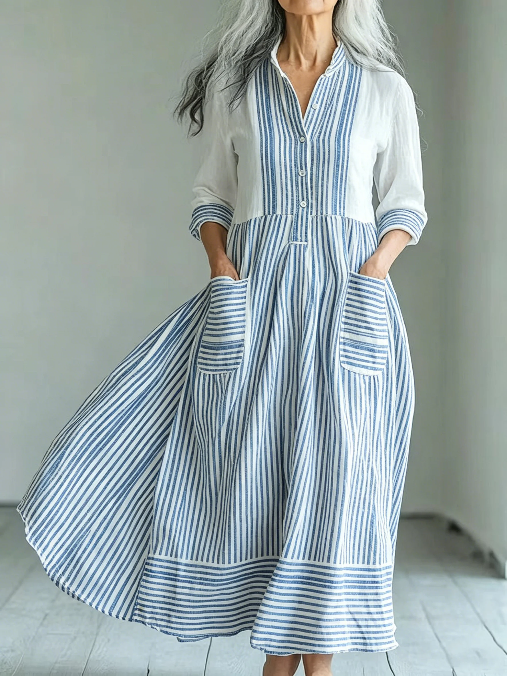 Women's Blue Stripe Patchwork Linen Shirt Dress For Women Long-Sleeved Mandarin Collar Loose Casual Maxi Dress with Pockets
Women's Blue Stripe Patchwork Linen Shirt Dress For Women Long-Sleeved Mandarin Collar Loose Casual Maxi Dress with Pockets