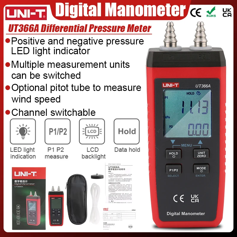 UNI-T Digital Manometer UT366A Air Pressure Gauge Handheld Pressure Differential Detector Pressure Measuring Device