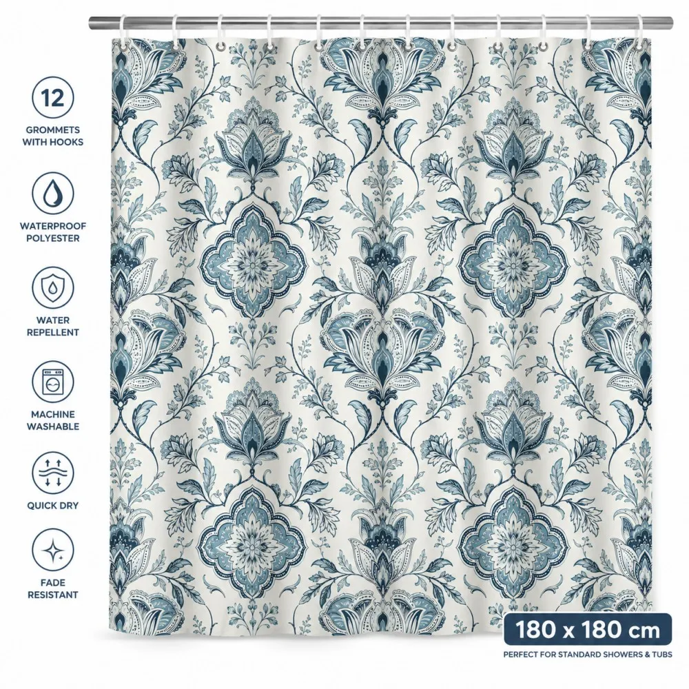 Blue Damask Floral Shower Curtain 180x180cm Polyester Water Repellent Quick Dry Machine Washable Bathroom Decor with 12 Hook Set
Blue Damask Floral Shower Curtain 180x180cm Polyester Water Repellent Quick Dry Machine Washable Bathroom Decor with 12 Hook Set