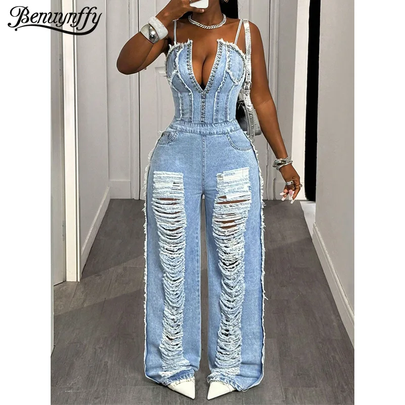 Benuynffy Sexy Spaghetti Strap Denim Jumpsuit Women Streetwear High Waist Backless Zipper Ripped Straight Leg Jeans Jumpsuits
Benuynffy Sexy Spaghetti Strap Denim Jumpsuit Women Streetwear High Waist Backless Zipper Ripped Straight Leg Jeans Jumpsuits