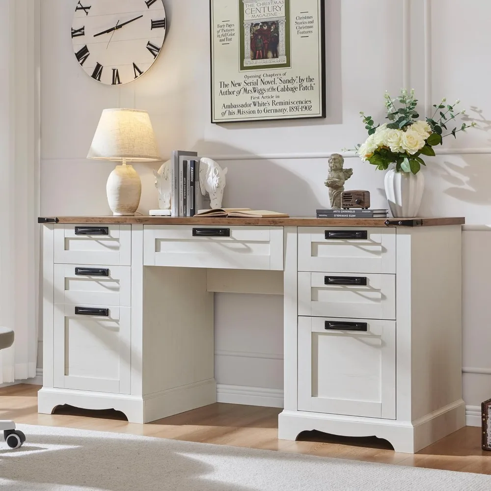 60" Farmhouse Executive Desk, Home Office Desk with Drawers, Charging Station, Keyboard Tray, File Drawer, Storage Cabinet
60" Farmhouse Executive Desk, Home Office Desk with Drawers, Charging Station, Keyboard Tray, File Drawer, Storage Cabinet