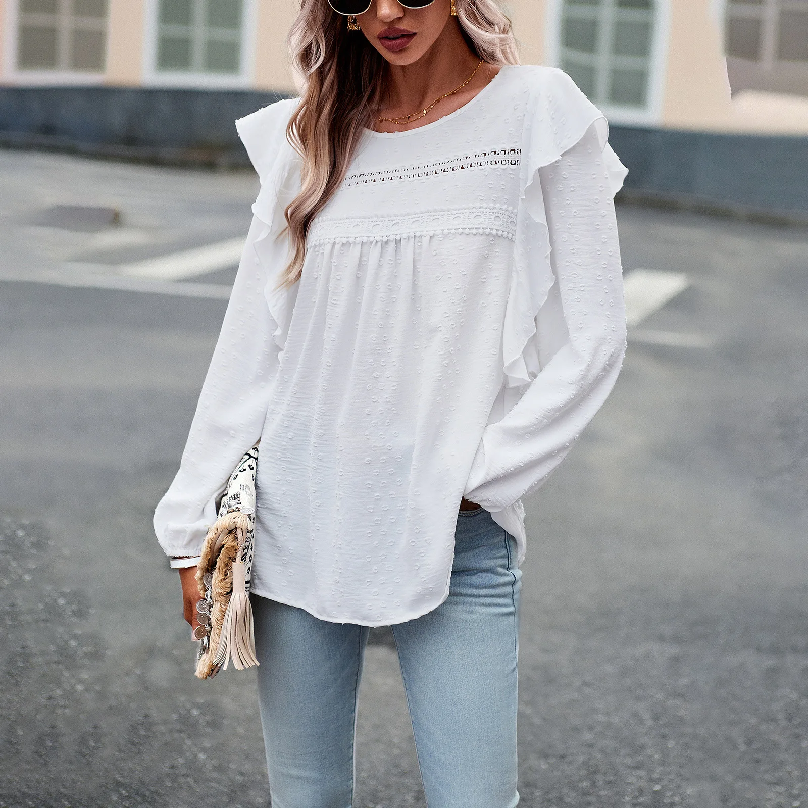 2023 Spring Women Blouses Casual Long Sleeve O-Neck Ruffles Shoulder Women Blouses Femme Tops Elegant Shirt Outwear
2023 Spring Women Blouses Casual Long Sleeve O-Neck Ruffles Shoulder Women Blouses Femme Tops Elegant Shirt Outwear