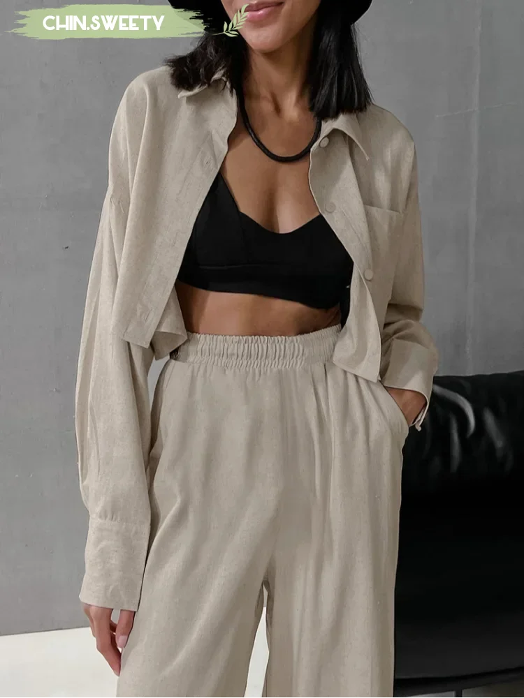 Solid Cotton Linen Shirt Pants Set Women's Casual Loose Long Sleeved High Waisted Top Bottoms 2 Piece Suit 2025 New Summer Wear
Solid Cotton Linen Shirt Pants Set Women's Casual Loose Long Sleeved High Waisted Top Bottoms 2 Piece Suit 2025 New Summer Wear