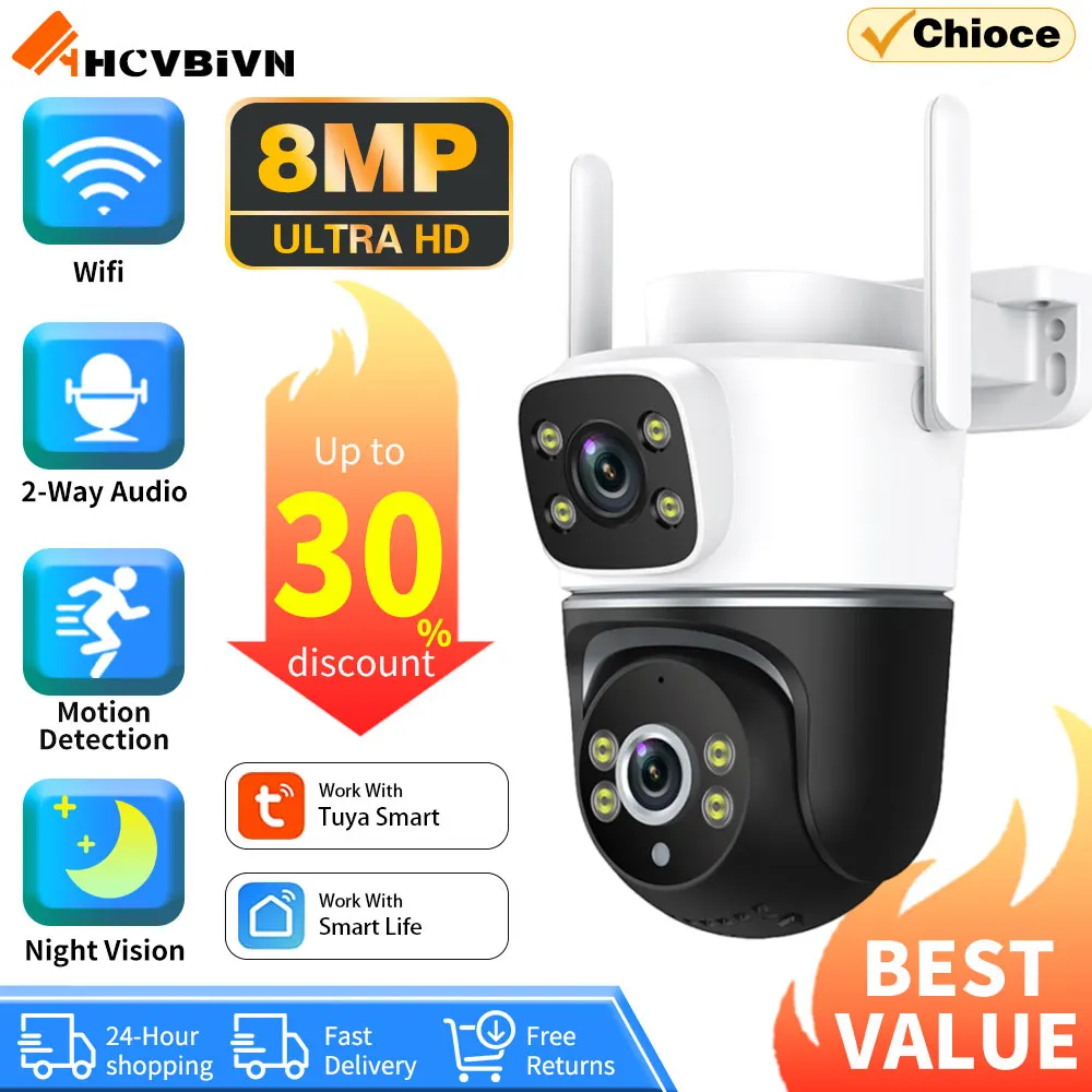 Dual Lens PTZ WIFI Camera Dual ScreenAuto Tracking Outdoor 4K 8MP Security Video Smart Life Surveillance Camera Tuya 2Way Audio
Dual Lens PTZ WIFI Camera Dual ScreenAuto Tracking Outdoor 4K 8MP Security Video Smart Life Surveillance Camera Tuya 2Way Audio