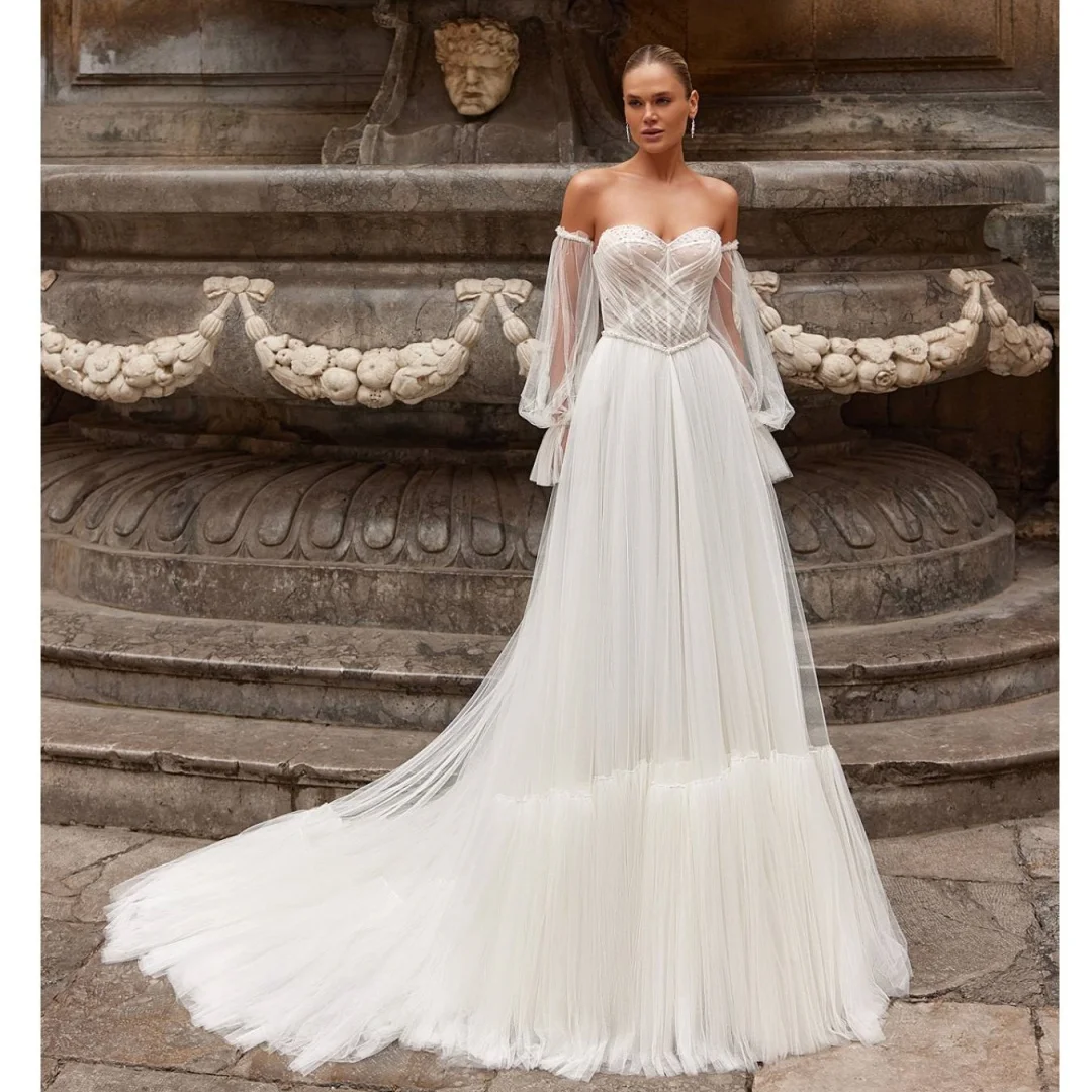 Mesh Tulle Corset Wedding Dresses Sweetheart Beaded Bridal Gown Long Sleeves Exquisite robe de mariée Customized
Mesh Tulle Corset Wedding Dresses Sweetheart Beaded Bridal Gown Long Sleeves Exquisite robe de mariée Customized