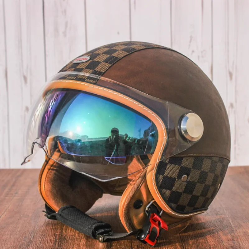 DOT Certified Jet Leather Helmet Inner Visor Premium Genuine Leather Open Face Helmet with Colored Inner Sun Visor Brown Grid
DOT Certified Jet Leather Helmet Inner Visor Premium Genuine Leather Open Face Helmet with Colored Inner Sun Visor Brown Grid