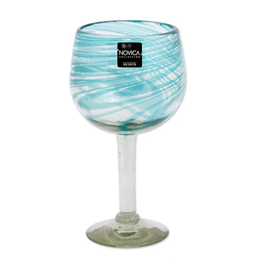 Clear Blue Glass Hand Blown Wine Glasses, 13 Oz., 'Elegant Aqua Swirl' Set Of 6
Clear Blue Glass Hand Blown Wine Glasses, 13 Oz., 'Elegant Aqua Swirl' Set Of 6