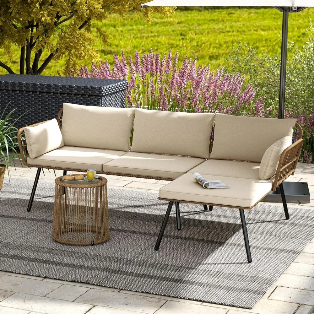 3 Pieces Patio Furniture Set, Wicker Conversation Sectional Sofa, L-Shaped Sofa with 4 Seater for Backyard, Porch,Detachable
3 Pieces Patio Furniture Set, Wicker Conversation Sectional Sofa, L-Shaped Sofa with 4 Seater for Backyard, Porch,Detachable