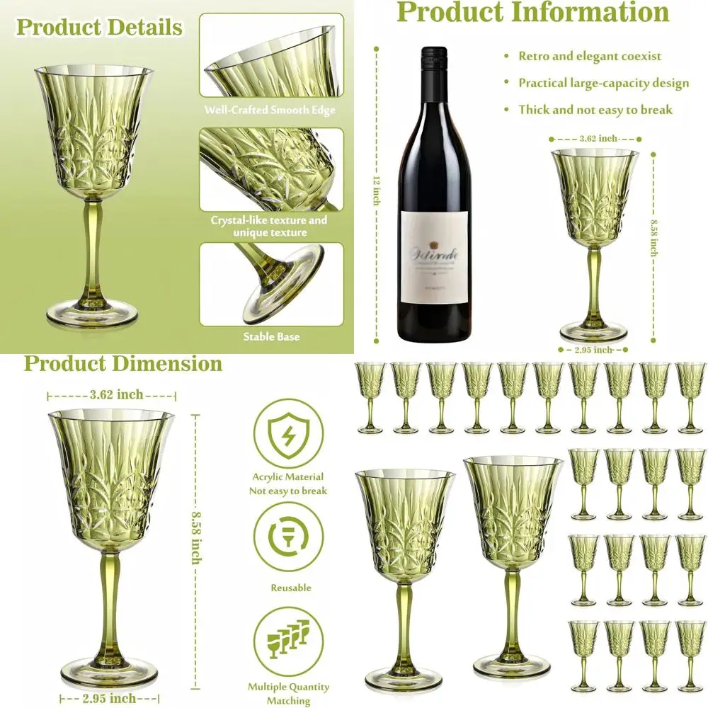 Set of 12 - 10oz Green Stemmed Plastic Wine Glasses, Shatterproof & Reusable, Ideal for Weddings and Grand Events
Set of 12 - 10oz Green Stemmed Plastic Wine Glasses, Shatterproof & Reusable, Ideal for Weddings and Grand Events