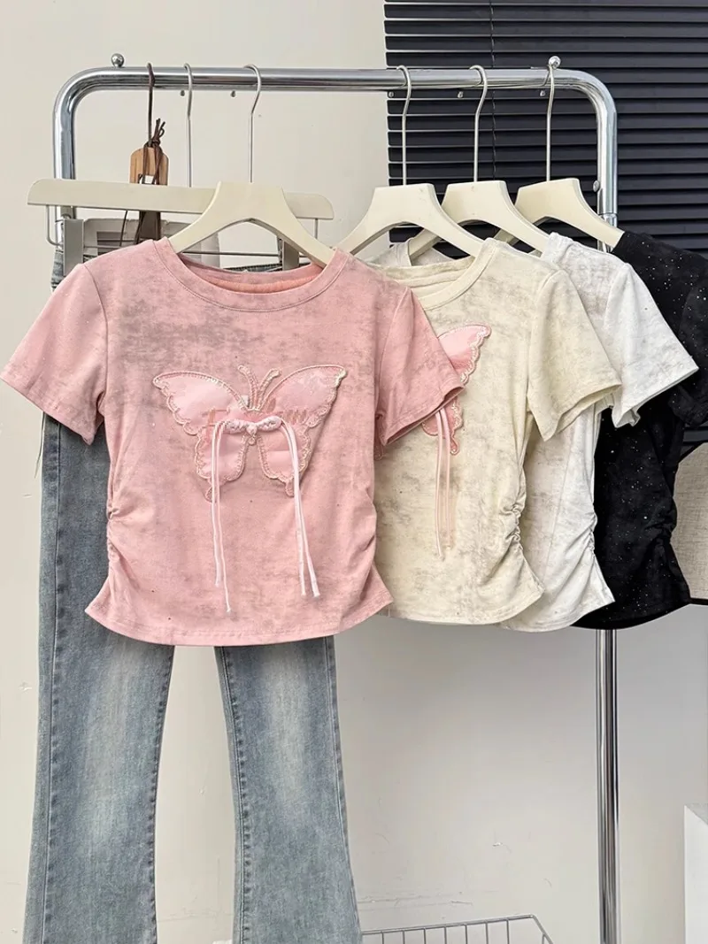 O Neck Disc Buckle Butterfly Patchwork Crop Top Y2k Aesthetic Vintage New Chinese Style Tees Pleated Slim Chic Tie Dye T-shirts
O Neck Disc Buckle Butterfly Patchwork Crop Top Y2k Aesthetic Vintage New Chinese Style Tees Pleated Slim Chic Tie Dye T-shirts