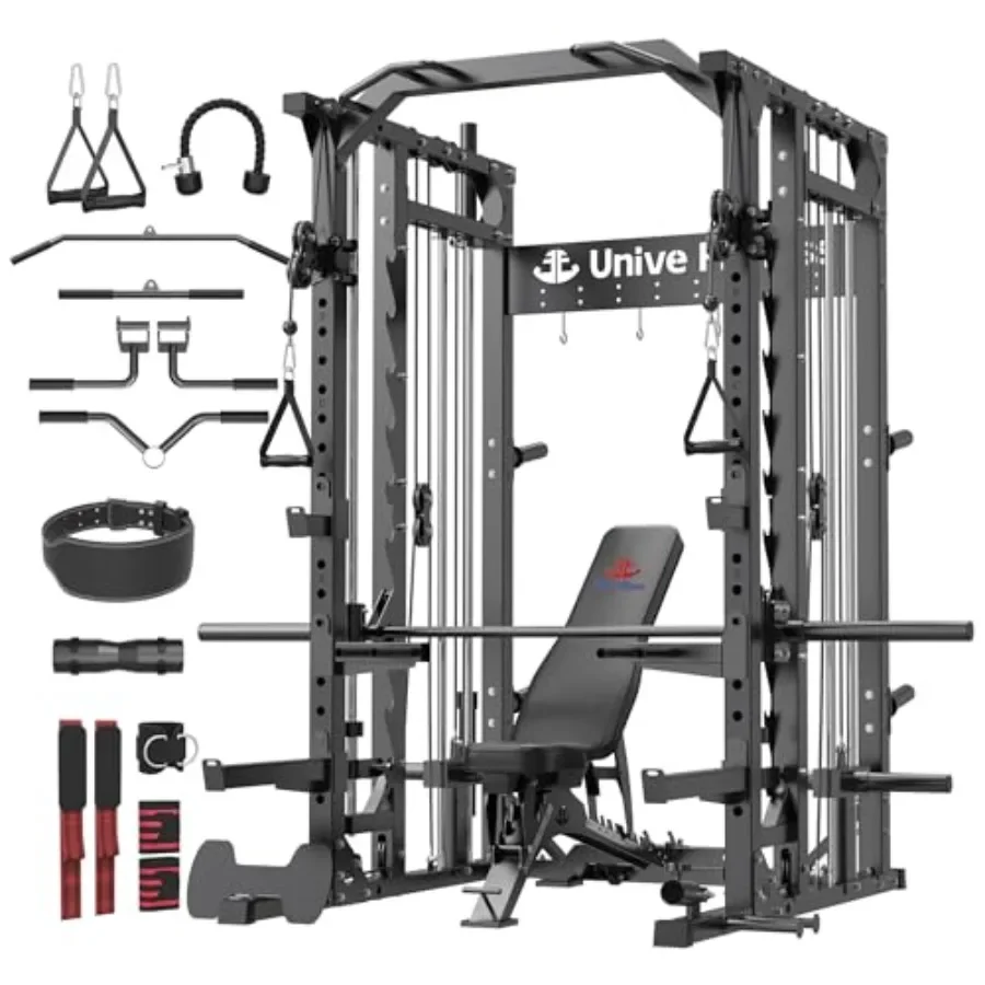 Home gym power cage with 18-pulley cable system, LAT pulldown, low row, pull-up bar, squat rack, weight bench; steel constructi
Home gym power cage with 18-pulley cable system, LAT pulldown, low row, pull-up bar, squat rack, weight bench; steel constructi