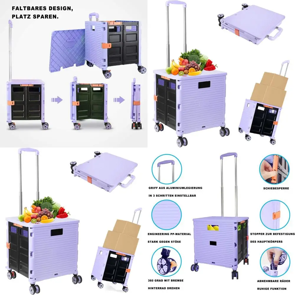 Складная тележка для покупок фиолетового цвета с крышкой и поворотом на 360 градусов ° Бесшумные колеса для портативного хранения и путешествий
Складная тележка для покупок фиолетового цвета с крышкой и поворотом на 360 градусов ° Бесшумные колеса для портативного хранения и путешествий