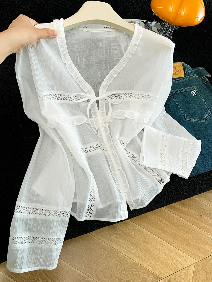 Lace Splicing Hollow V-neck Women's Summer Outerwear Sun Protection Shirt Loose Fit Breathable Air Conditioning Cardigan
Lace Splicing Hollow V-neck Women's Summer Outerwear Sun Protection Shirt Loose Fit Breathable Air Conditioning Cardigan