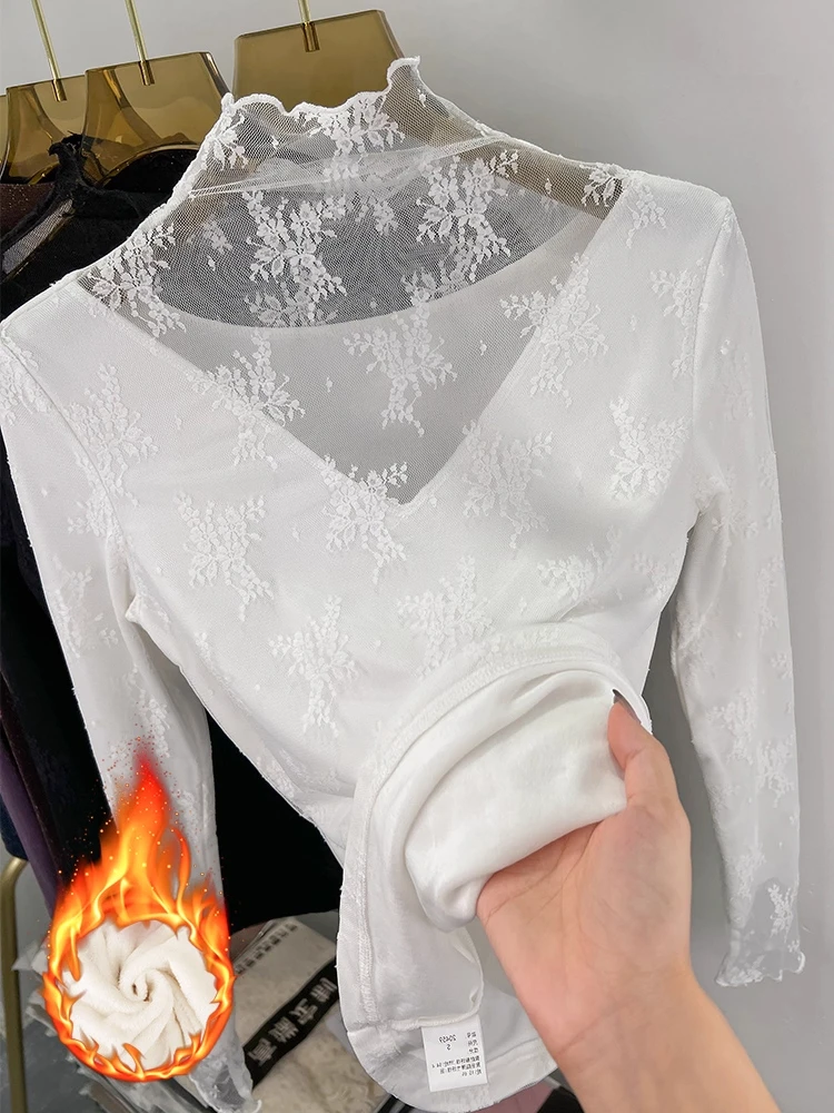 Thiened Long Sve Women's Lace Base irt Inner Wear Warm T-irt Top Brand Bule Euro Sle Fce Lined Autumn Winter
Thiened Long Sve Women's Lace Base irt Inner Wear Warm T-irt Top Brand Bule Euro Sle Fce Lined Autumn Winter