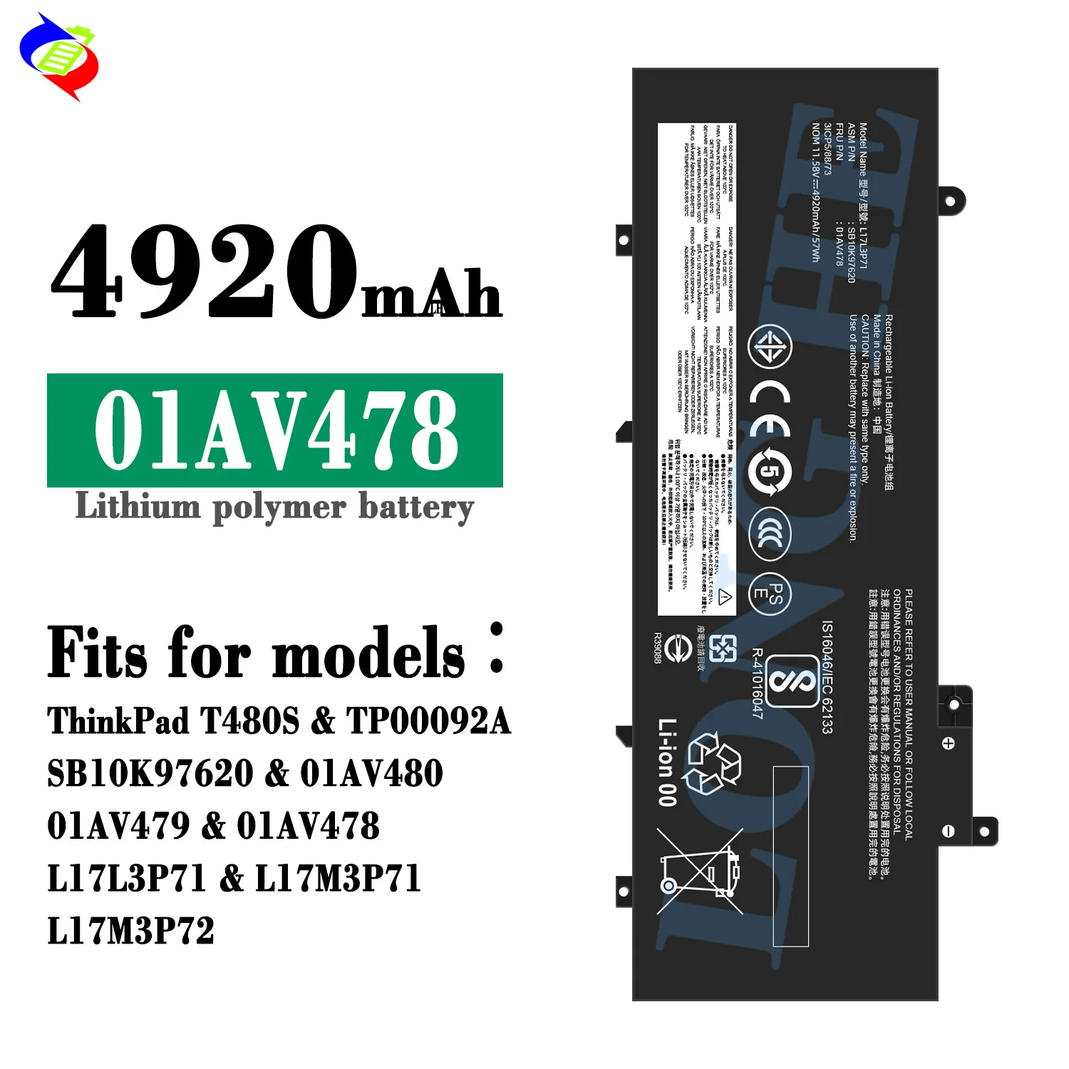 01AV480 Laptop Battery for Lenovo ThinkPad T480s 01AV478 01AV479 SB10K97621 SB10K97622 L17M3P71 L17M3P72 11.4V 24Wh Battery
01AV480 Laptop Battery for Lenovo ThinkPad T480s 01AV478 01AV479 SB10K97621 SB10K97622 L17M3P71 L17M3P72 11.4V 24Wh Battery