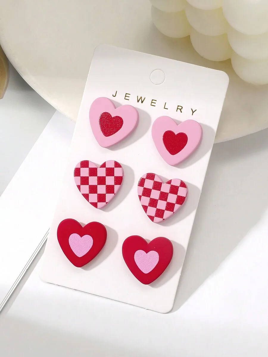 3 Pairs Heart Shape Acrylic Stud Earrings With Checkerboard Pattern For Women Valentines Day Gift
3 Pairs Heart Shape Acrylic Stud Earrings With Checkerboard Pattern For Women Valentines Day Gift