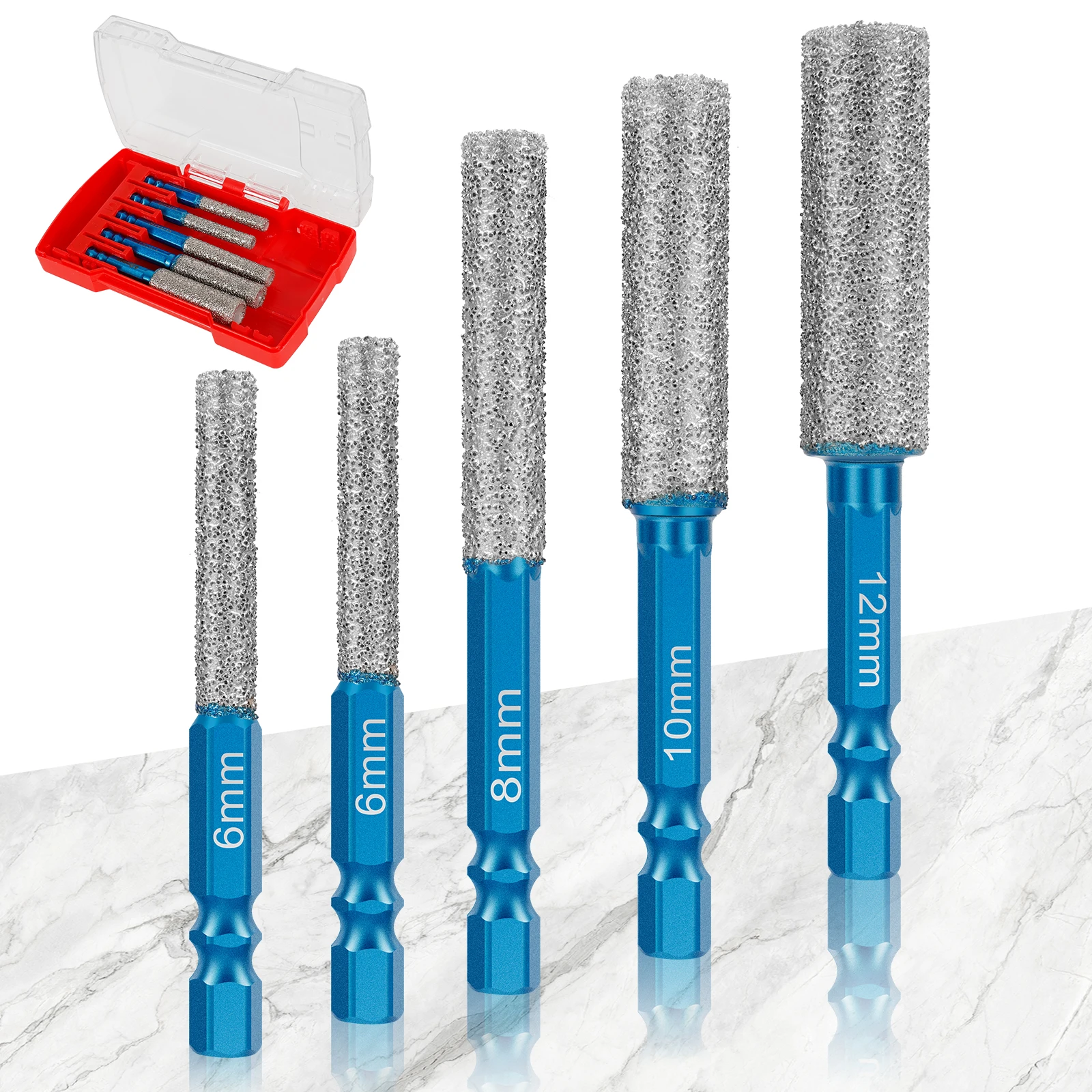 Набор алмазных сверл 5 шт., 6-12 мм, для кирпича, керамогранита, керамики, камня, гранита, мрамора, с шестигранным хвостовиком, корончатые сверла
Набор алмазных сверл 5 шт., 6-12 мм, для кирпича, керамогранита, керамики, камня, гранита, мрамора, с шестигранным хвостовиком, корончатые сверла