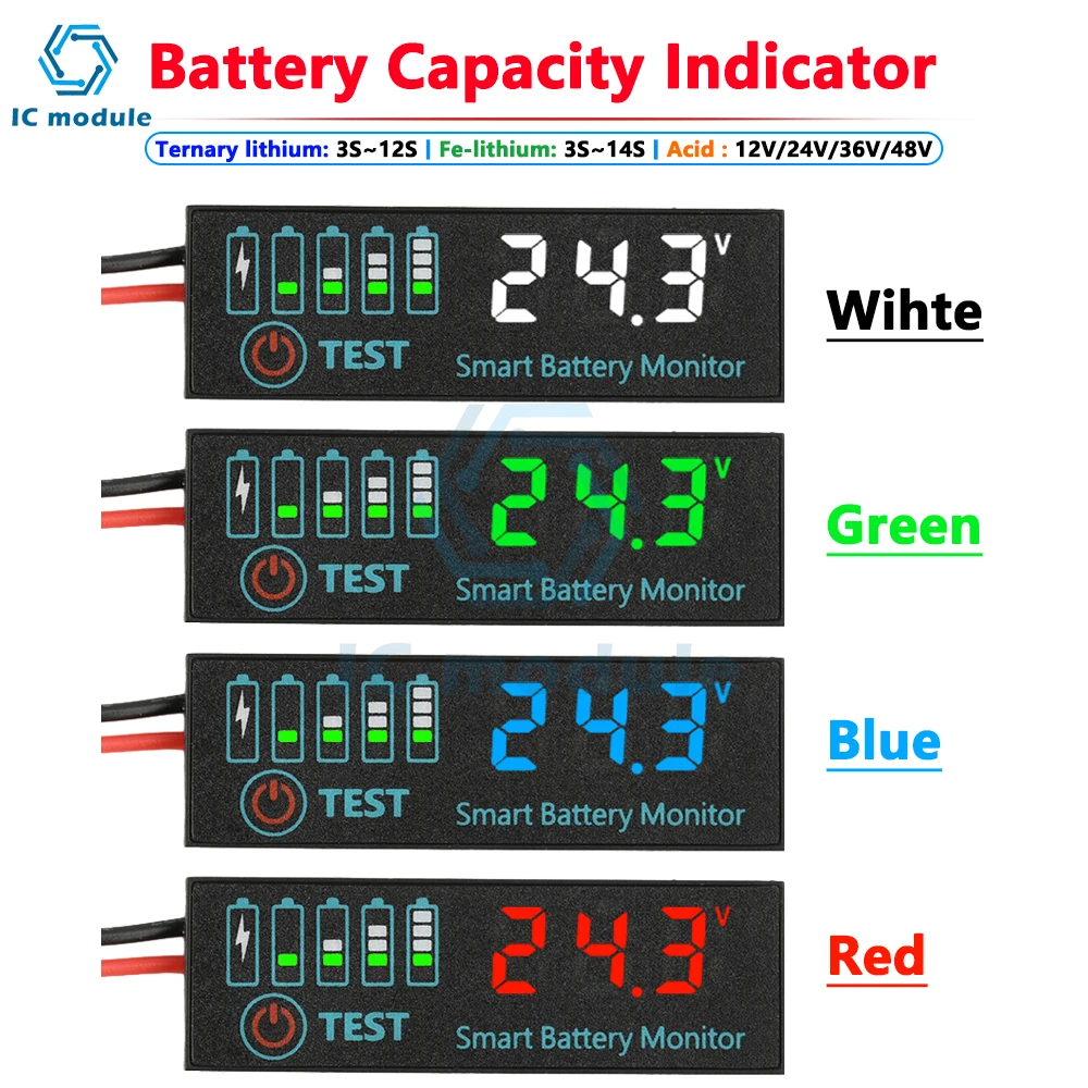 DC 7-55V LED Battery Capacity Indicator Voltage Charge Indicator Acid/Lithium Universal Battery Charge Indicator Board 3S-14S
DC 7-55V LED Battery Capacity Indicator Voltage Charge Indicator Acid/Lithium Universal Battery Charge Indicator Board 3S-14S