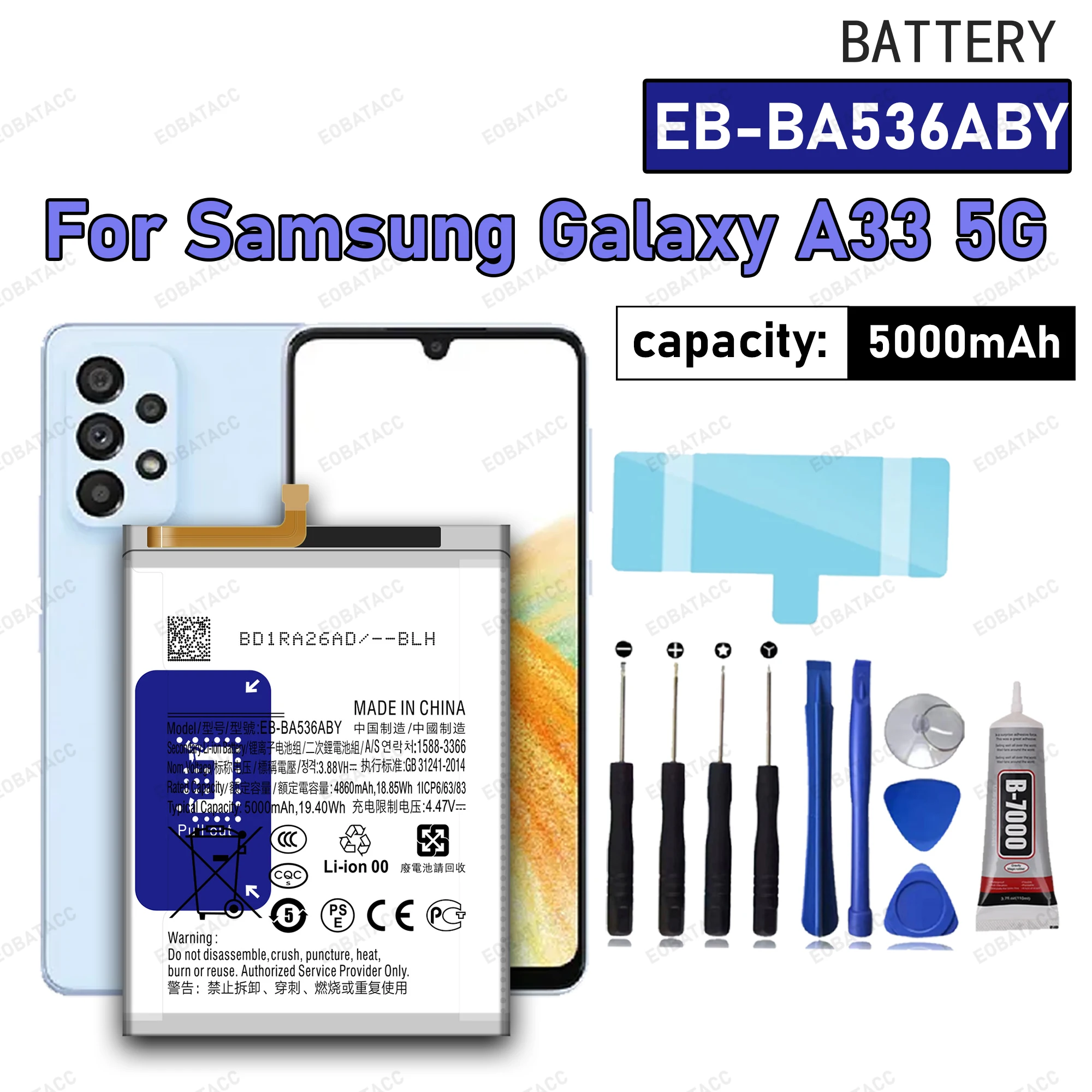 Совершенно новый аккумулятор EB-BA336ABY/EB-BA536ABY 5000 мАч для Samsung Galaxy A33 A53 5G SM-A5360 A5360 + бесплатные инструменты
Совершенно новый аккумулятор EB-BA336ABY/EB-BA536ABY 5000 мАч для Samsung Galaxy A33 A53 5G SM-A5360 A5360 + бесплатные инструменты