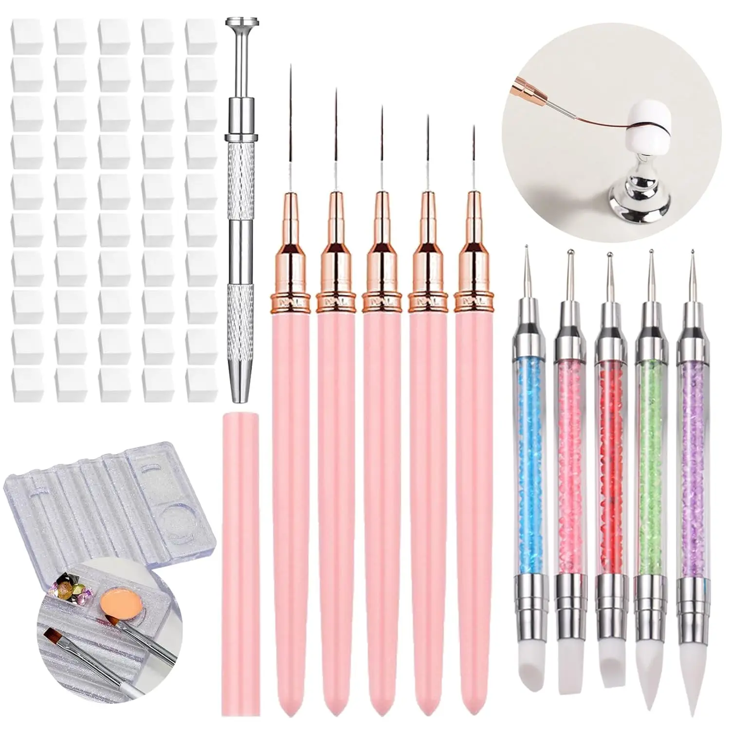 62Pcs Nail Art Brushes Set with Liner Brushes, Dotting Tools, Sponges, and Mixing Palette Pen Holder for Gradient Nail Design
62Pcs Nail Art Brushes Set with Liner Brushes, Dotting Tools, Sponges, and Mixing Palette Pen Holder for Gradient Nail Design