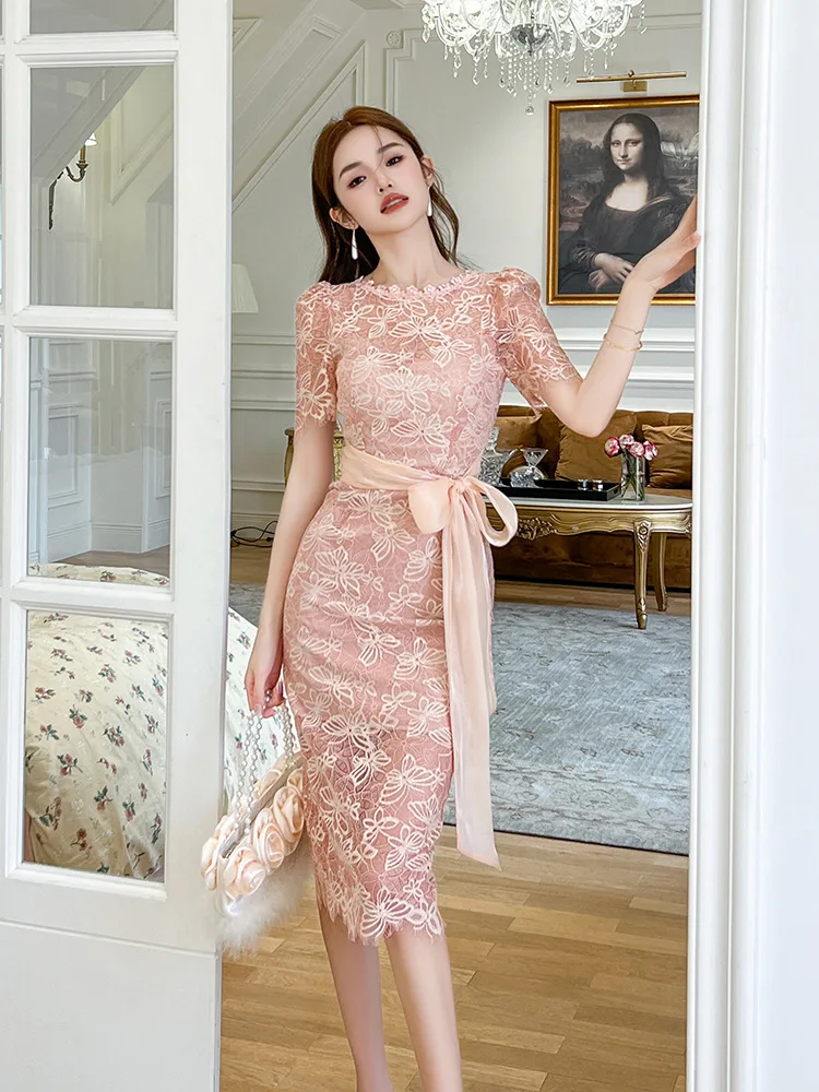 Coigarsam Women Long Dress Summer New Office Lady Solid Lace Belt O-Neck High Waist Pink Dresses 
Coigarsam Women Long Dress Summer New Office Lady Solid Lace Belt O-Neck High Waist Pink Dresses